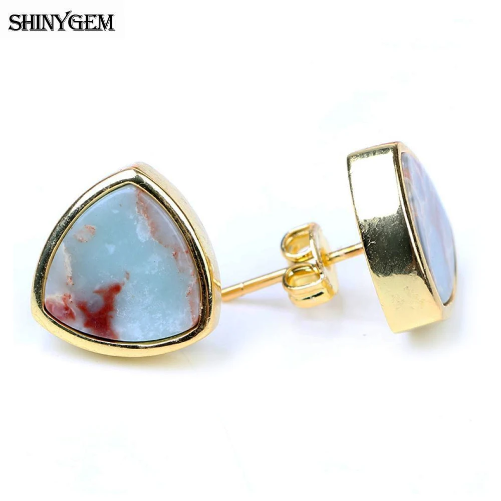 

ShinyGem 10mm Charm Triangle Shape Natural Jaspers Stone Stud Earrings Small Gold Plating Sea Sediment Earrings For Women Gift