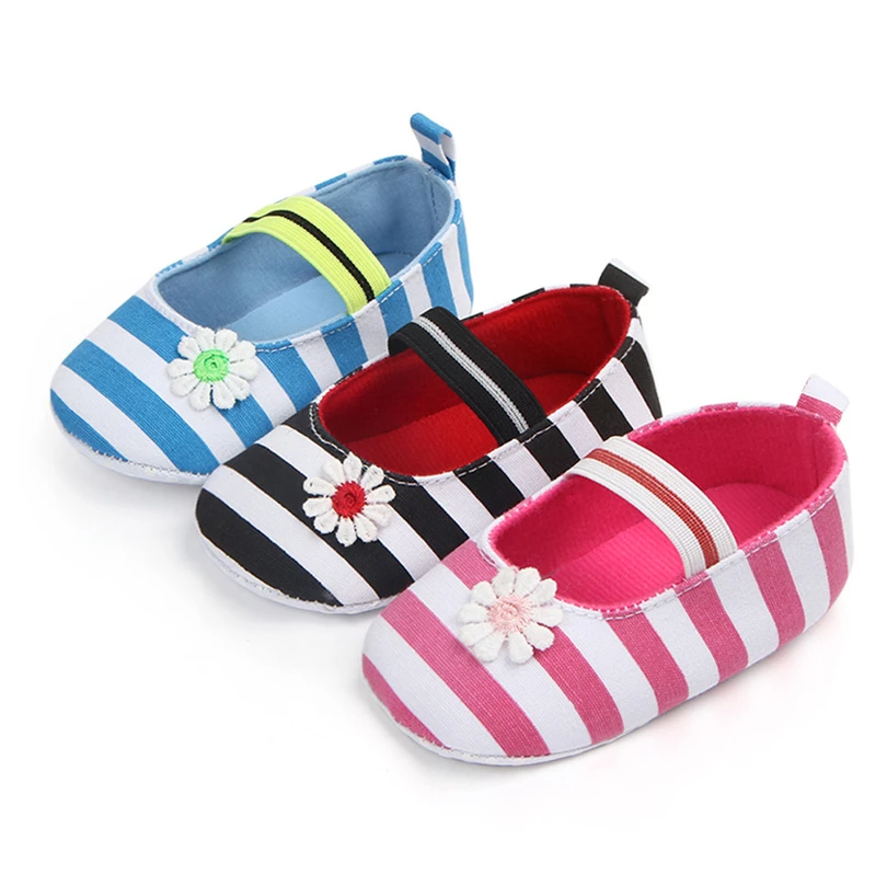 Обувь для маленьких девочек первых шагов без шнуровки в полоску с цветочным