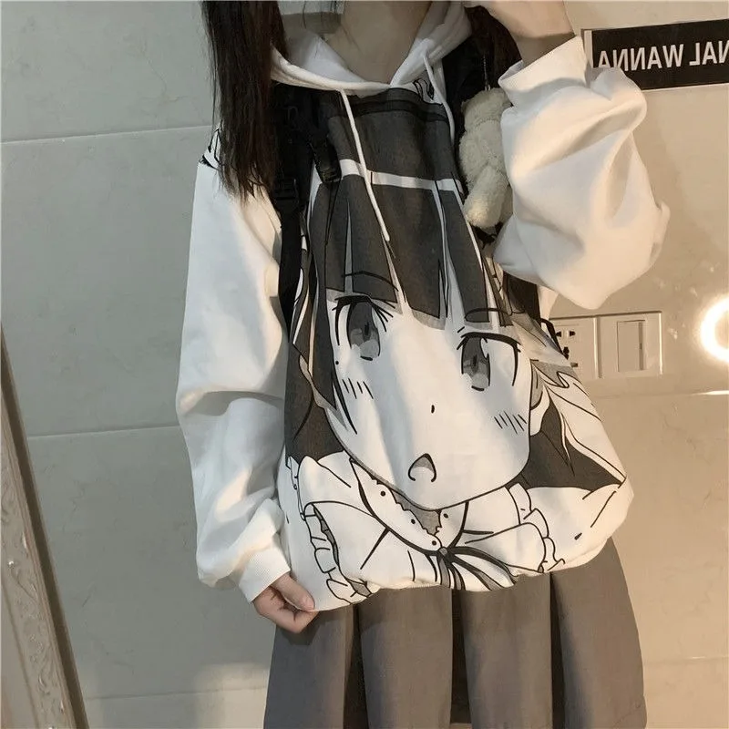 QWEEK Anime Sweatshirt with Print Spring 2021 Women Japanese Harajuku Manga Kawaii Cute Hoodies Streetwear Women White Tops images - 6