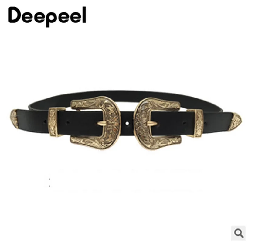 Deepeel 1pc Vogue Double Buckle Head Retro Belts for Women Wild Decorative Dress Jeans PU Waistband Luxury Women's Belt YB077 |