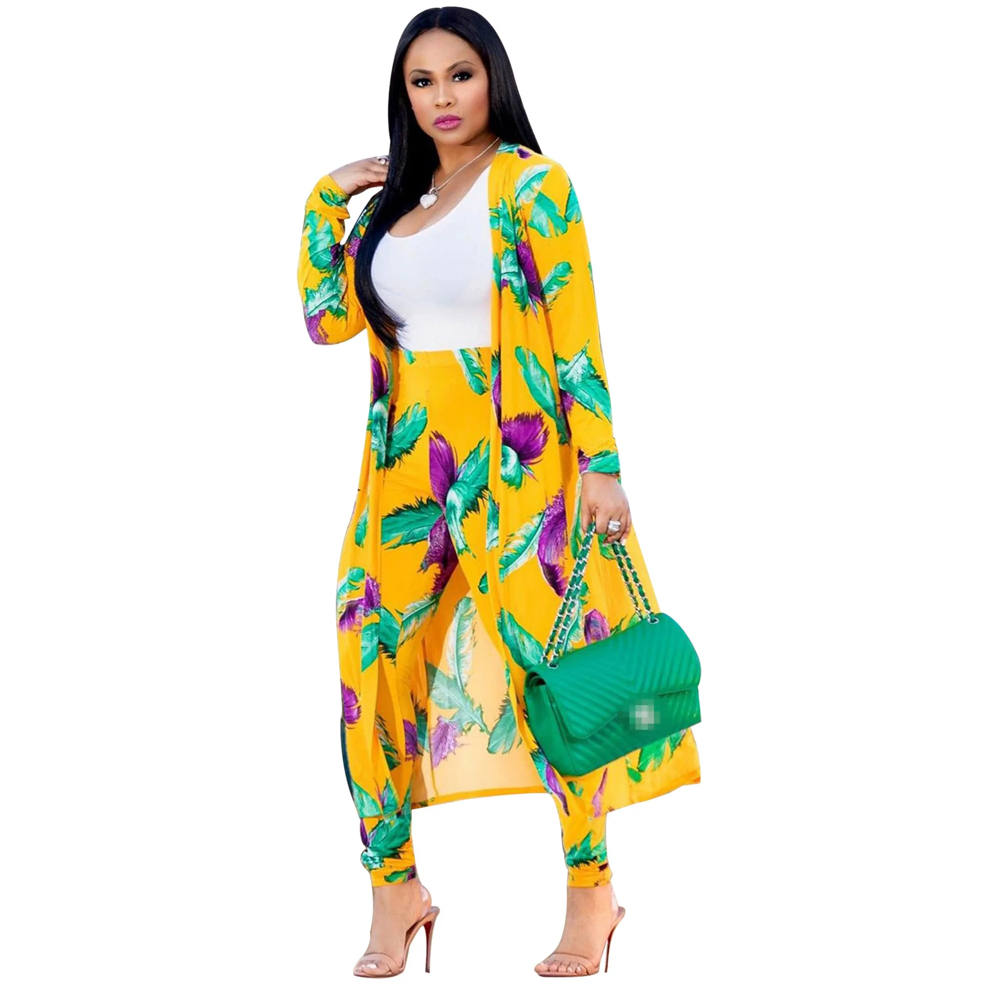 

Women print long sleeve cardigan pants summer 2 piece set long cardigan pants set summer women's suits loose sexy Quick delivery