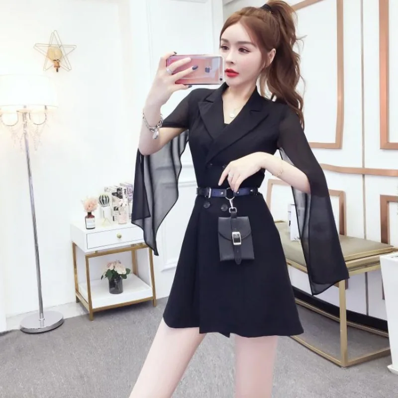 2020 лето новый OL темперамент костюм воротник шить шифон талии все-сплошной цвет