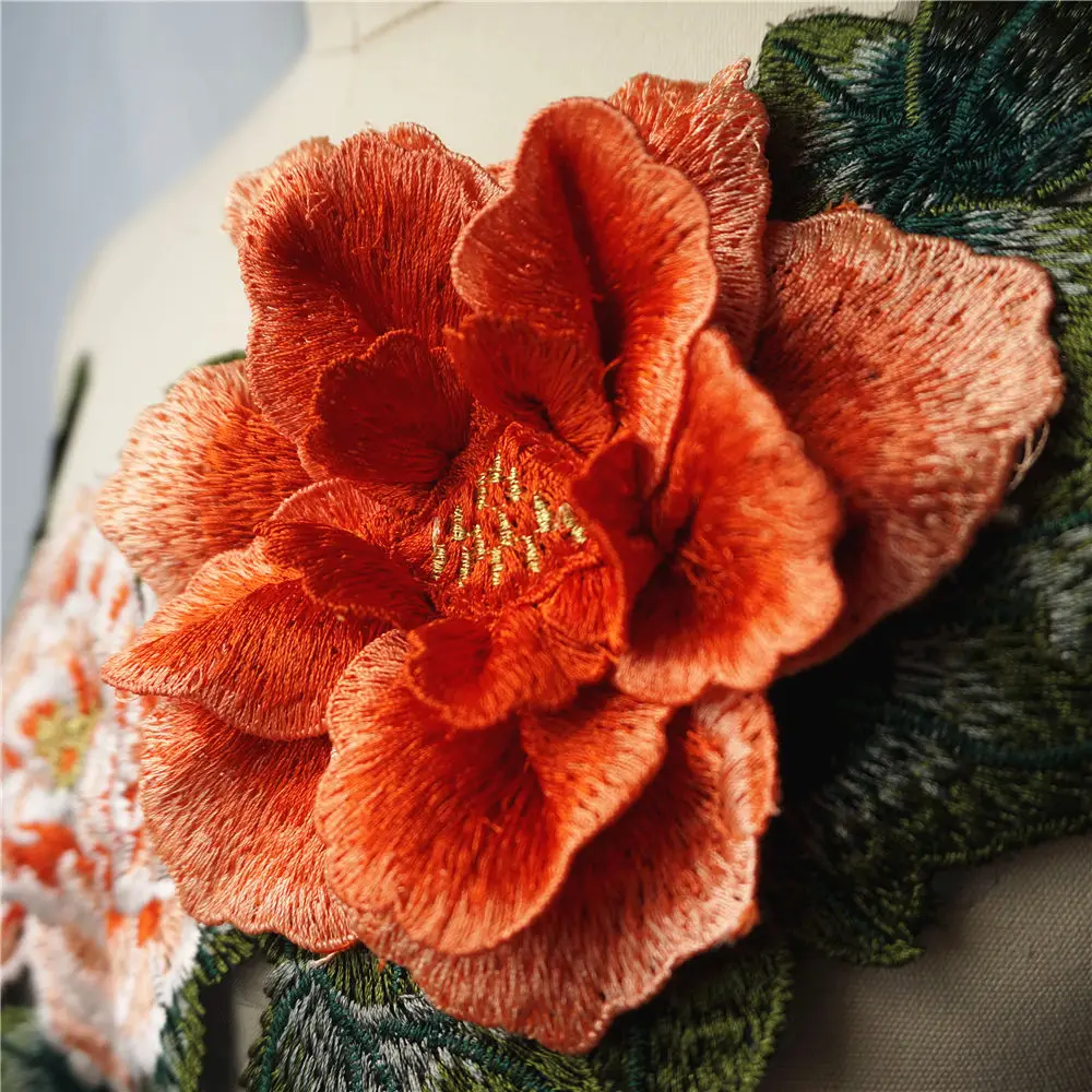 Оранжевый 3D Пион цветок лист кружева ткань многослойный воротник вышитое платье