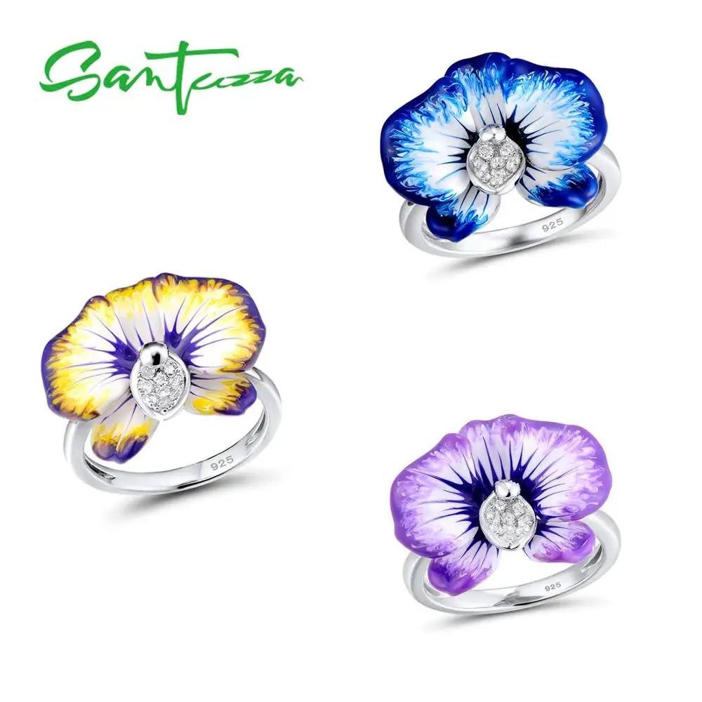 Серебряное кольцо для женщин SANTUZZA, 925 пробы, серебряное, фиолетовое, Цветущий цветок, кольцо с кубическим цирконием, вечерние, шикарные ювелирные изделия ручной работы, эмаль