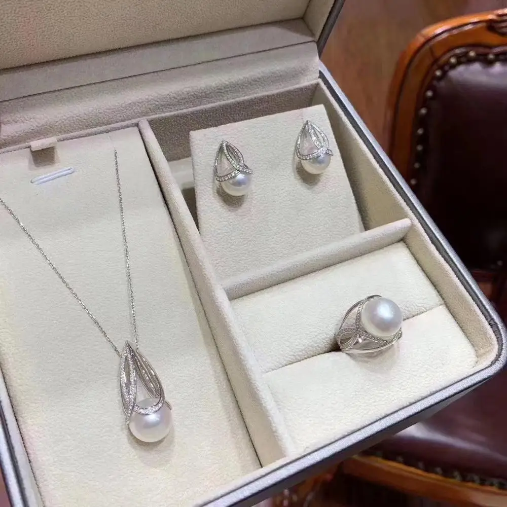 

D508 Pearl Set Fine Jewelry 925 Sterling Silver Round 10-12mm Nature Fresh Water White Pearls Jewelry Sets for Women