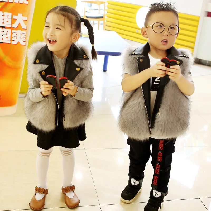 Детский джинсовый жилет 2021 ПУ кожаное ожерелье воротник из искусственного меха