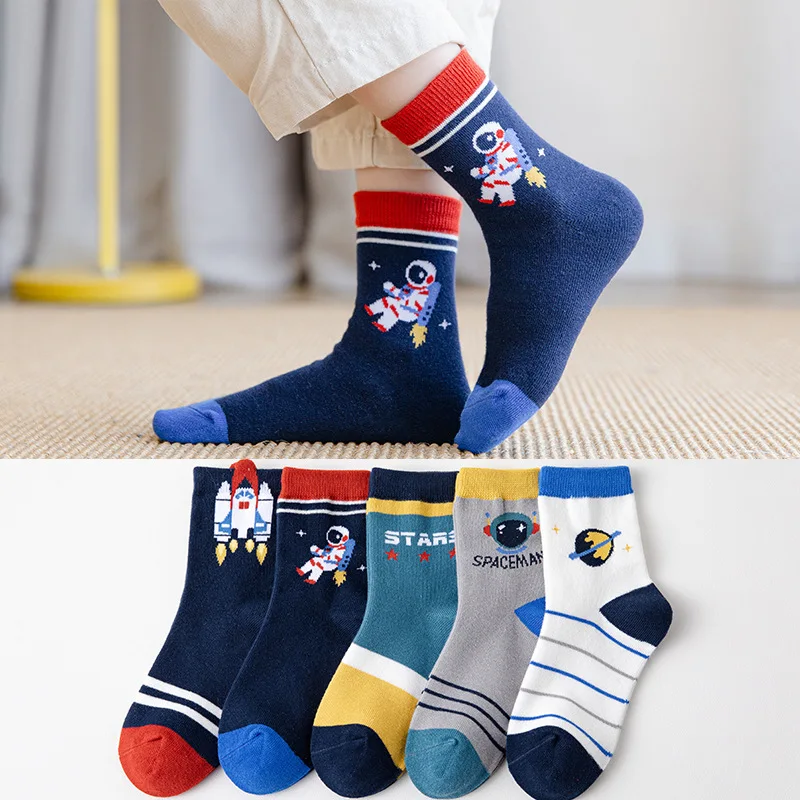 5 Pairs 1-18Y Teenagers Socks Boys Spring Autumn Cotton Dinosaur Astronauts Socks Young Children Anime Socks