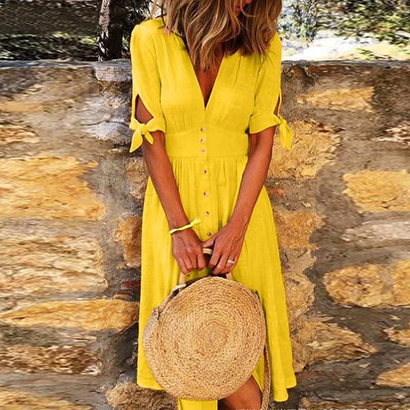 Платье рубашка женское на пуговицах повседневный приталенный сарафан средней