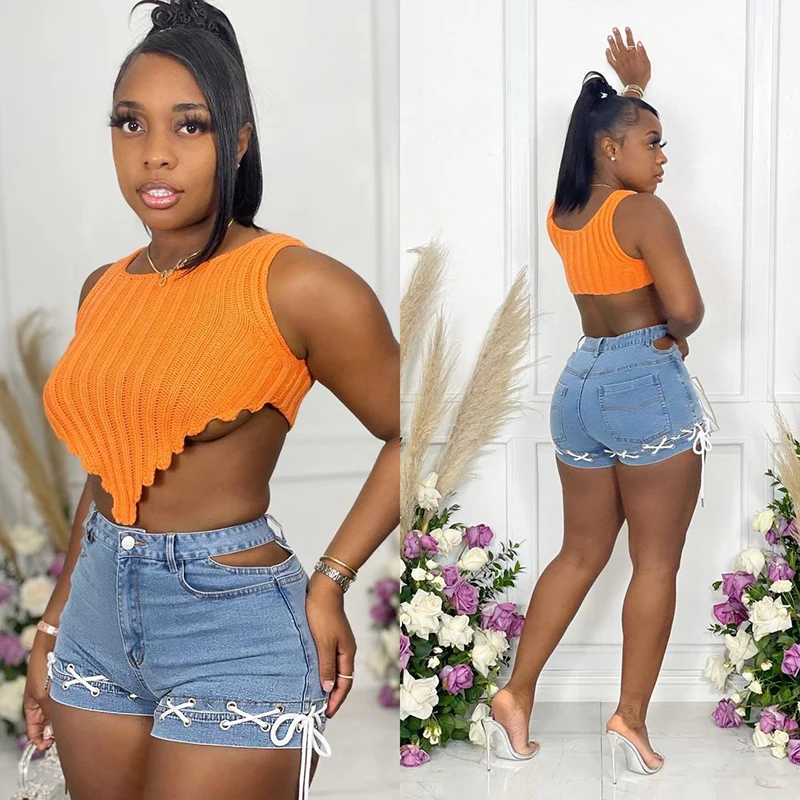 

CIBBAR Solid Knitted Tank Tops Women Summer 2021 New Fashion Sleevless Skinny Irregular Crop Top Casual All-Match Streetwear Tee