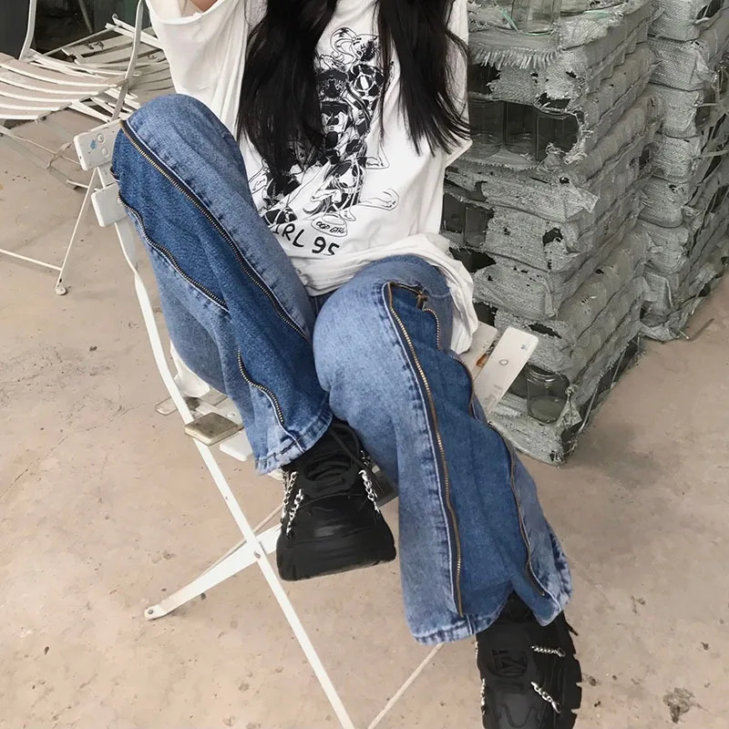 

Harajpoo Women Pants Retro Micro Denim Summer 2021 New Korean Version INS Hip-hop Zipper Show Leg Long Straight Harajuku Jeans