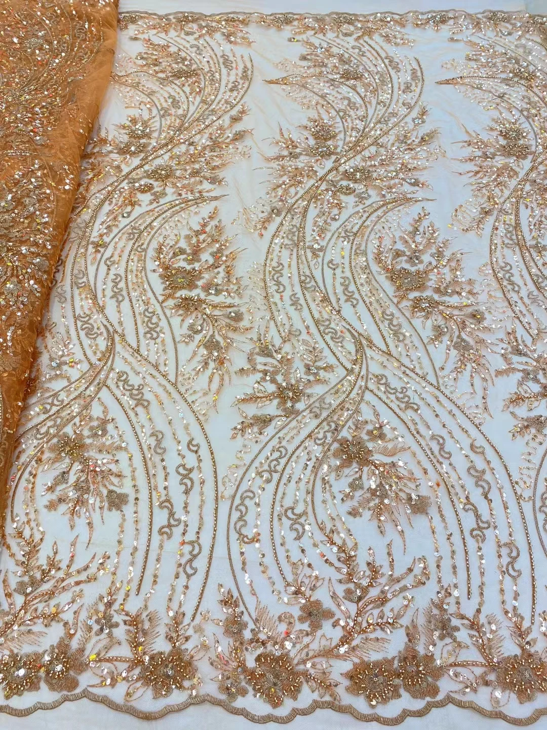 

Handcut Hole Heavy Beads Sequins African Lace Fabric 2021 High Quality Nigerian Women Party Embroidery Lace FabricRF-390