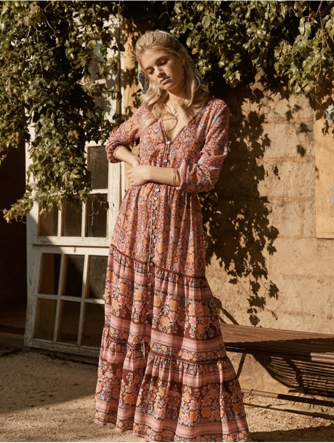 Boho шикарное платье с цветочным принтом и поясом, Пляжное богемное макси платье, женское летнее платье из искусственного шелка с перекрестным v-образным вырезом