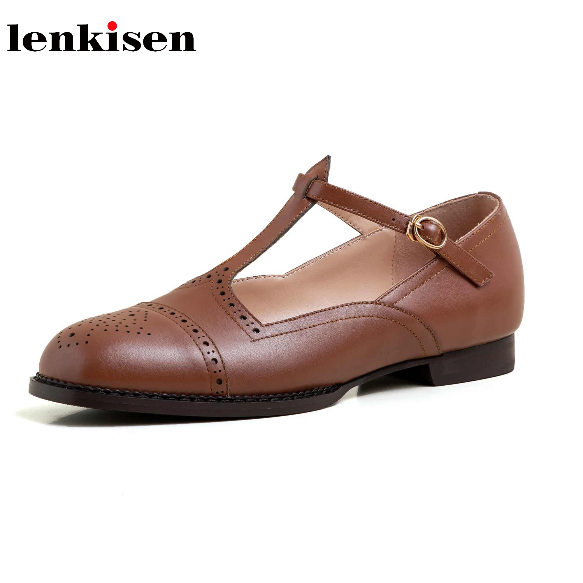 

Lenkisen vintage square toe british school sweet style low heels carving belt buckle maiden fashion streetwear women pumps L00