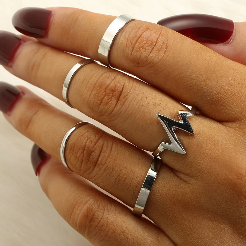 

5 Pcs Retro Lightning Cardiogram Alloy Glossy Spray Rings