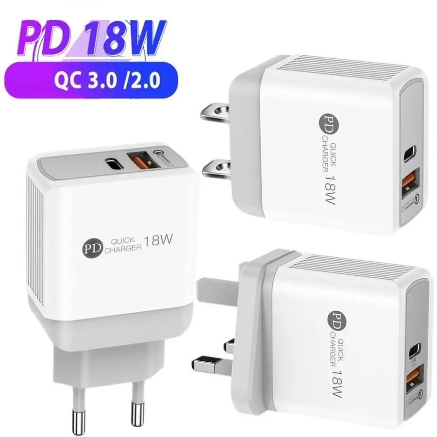 

18W PD+QC3.0 Type c Charger Fast Wall Chargers EU US UK Plug For IPhone 11 10 Xiaomi 11 10 Samsung S20 S10