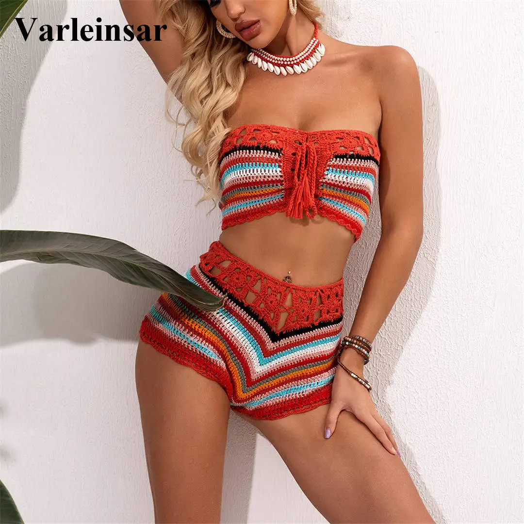 Женский купальный костюм со шнуровкой кроше бикини с высокой талией бандо