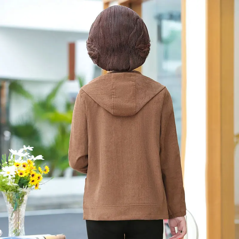 

Autumn Corduroy Hooded Jacket Woman Red Khaki Coat With Hood Single-breasted Cardigan Plus Size Outerwear For Middle Aged Women