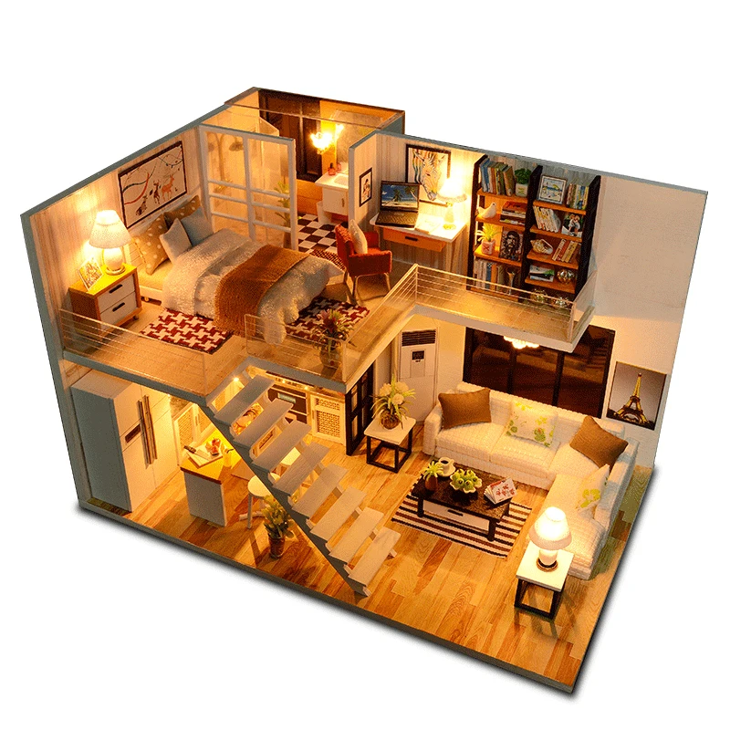

Assemble DIY Wooden House Dollhouse kit Wooden Miniature Doll Houses Miniature Dollhouse toys With Furniture LED Lights Gift