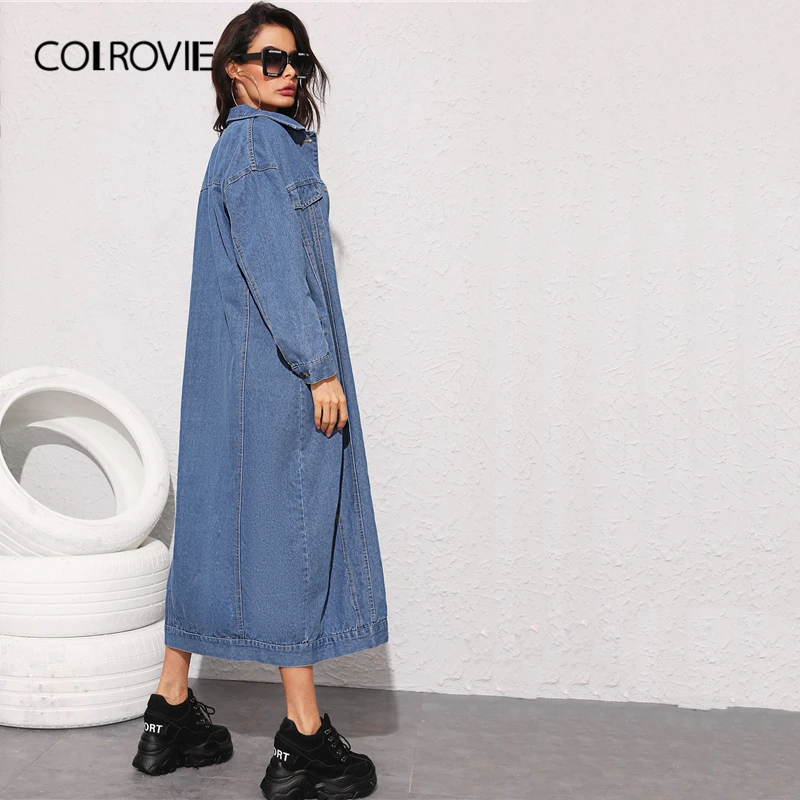 COLROVIE темно-синяя длинная джинсовая куртка на пуговицах спереди Женская Осенняя уличная куртка года Женские куртки повседневная верхняя одежда