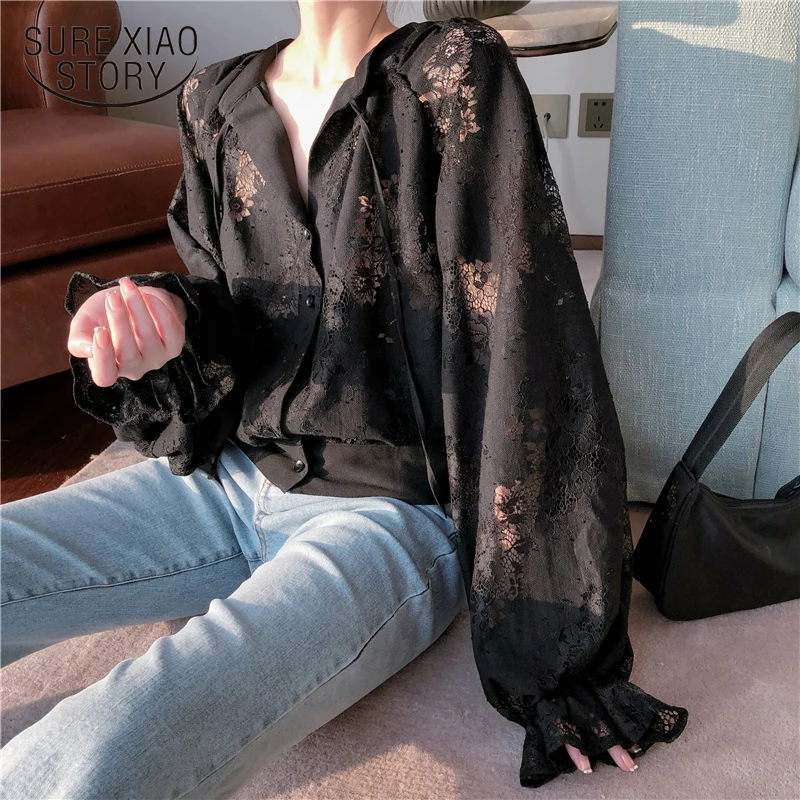 

New Office Lady Long Sleeve Floral Shirts Women Spring Autumn Lantern Sleeve Lace Blouse For Women Black Female Clothing 12691