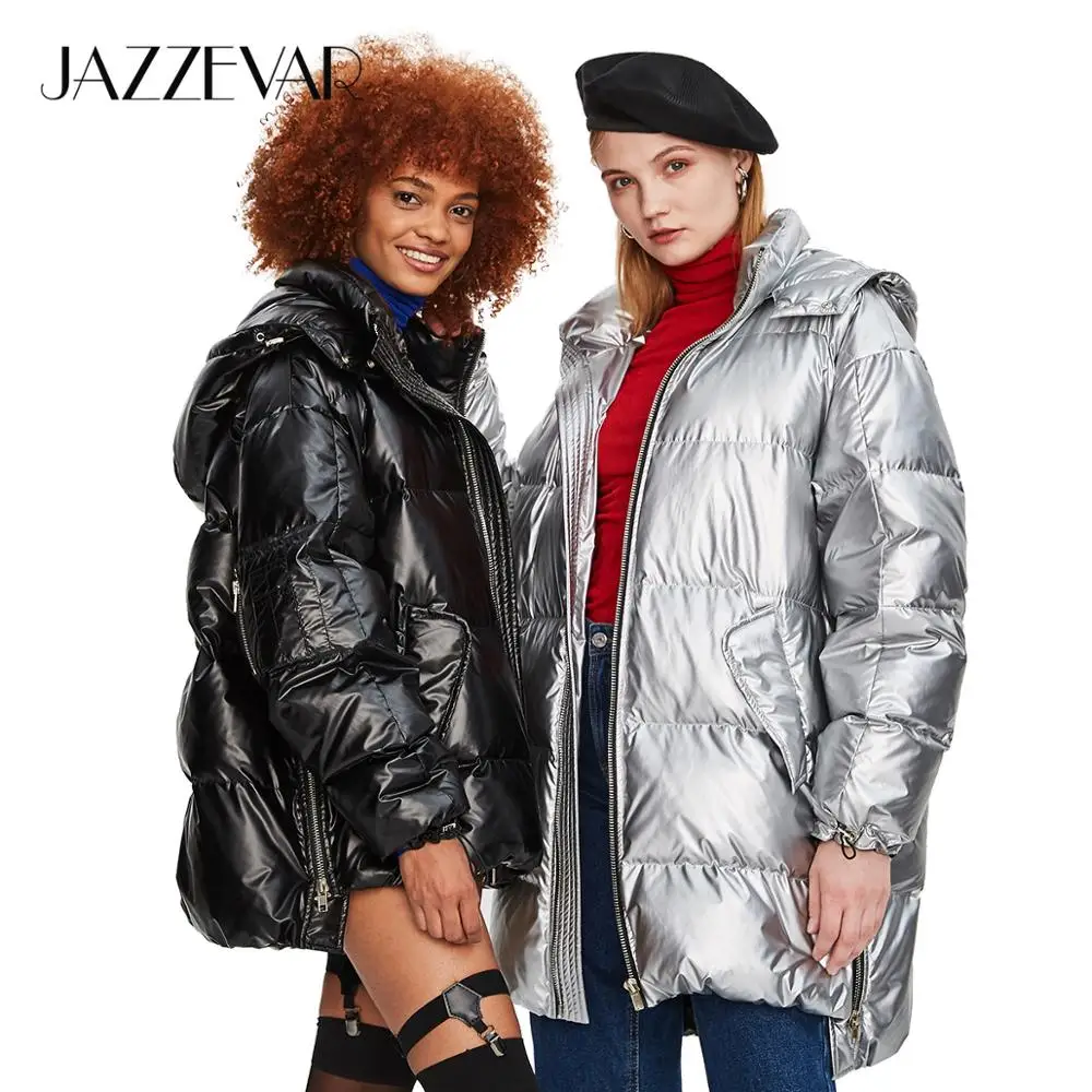 JAZZEVAR Зимняя женская куртка новая мода уличная женская Edgy серебряная длинная пуховая куртка классная пуховая куртка на молнии с капюшоном для девочек верхняя одежда z18004