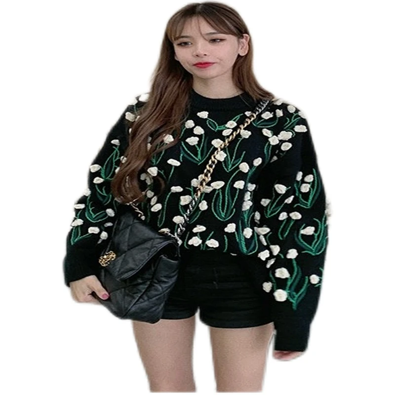 

Juice Snow 2021 Autumn New Temperament Gentle Age Reduction Three-Dimensional Flower Round Neck Pullover Sweater Women