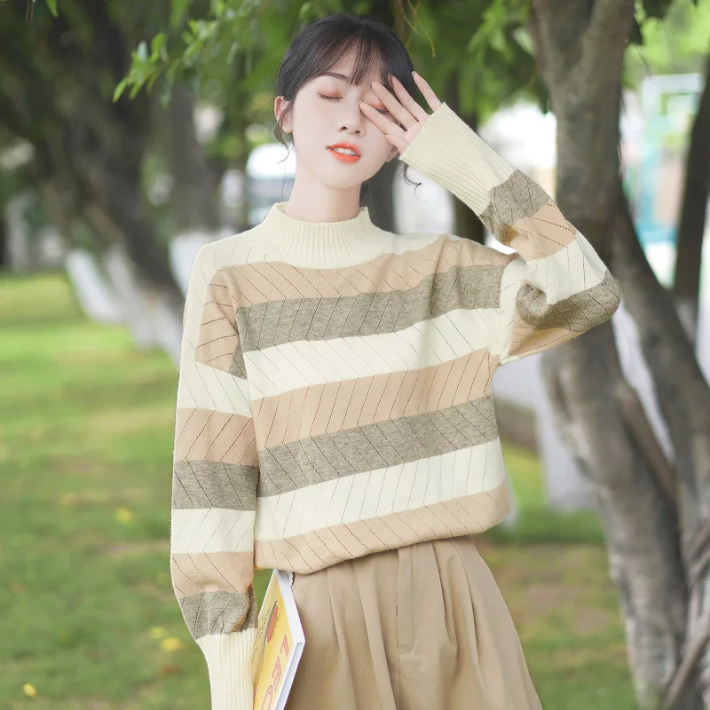 

Chic Khaki Autumn and Winter 2020 New Loose Mock Neck Knitwear Women's Bottoming Mixed Color Stripe Sweater Inner Wear Blouse