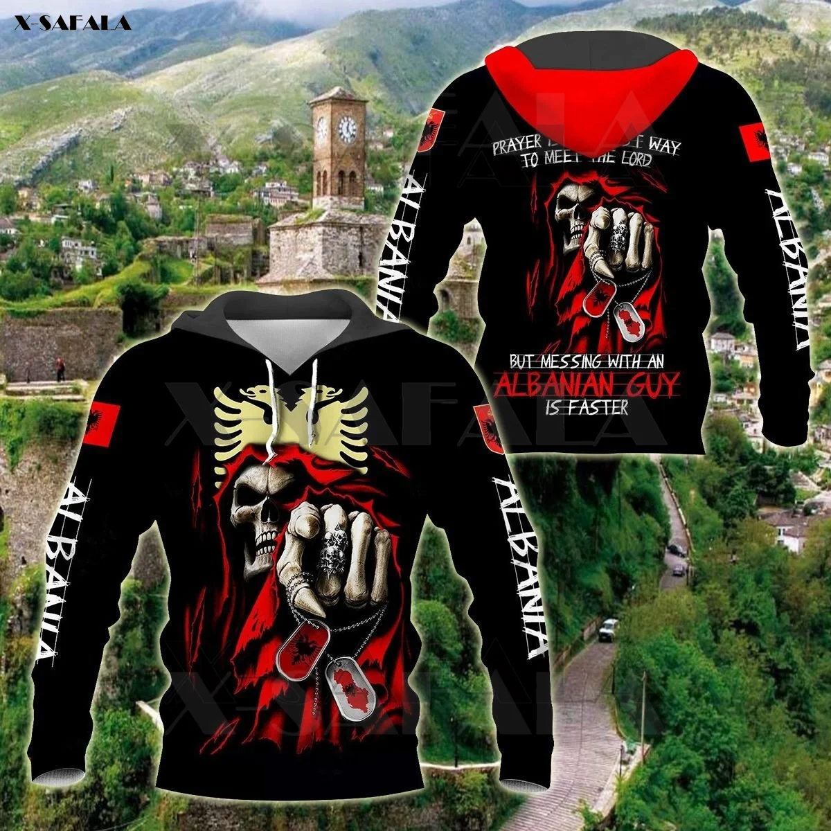 

ALBANIA SKULL PRAYER IS THE BEST WAY TO ME BLESS THE Lord Printed Zipper Hoodie Man Military Pullover Sweatshirt Hooded Jersey