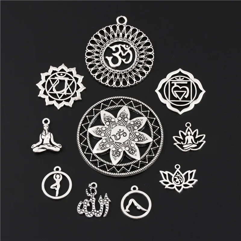 10 шт микс амулеты религиозная круглая Йога серебряный цвет кулон для