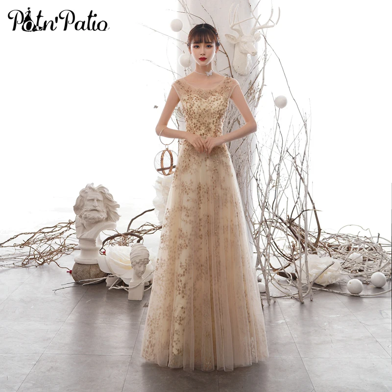 

Women Long Evening Dresses 2021 Elegant O-neck A-line Floor-length Shiny Sequin Champagne Prom Gowns