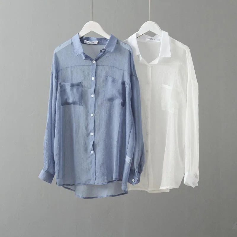 

2021 Summer Women's Casual Fashion Loose Plus Size Long Sleeve T Shirt Button Pockets Patchwork Turn Down Collar Ladies