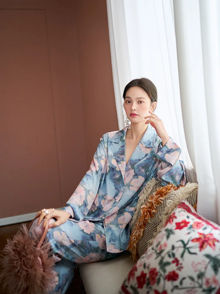 Pink blue ice silk pajamas ladies new long-sleeved trousers suit pijamas women