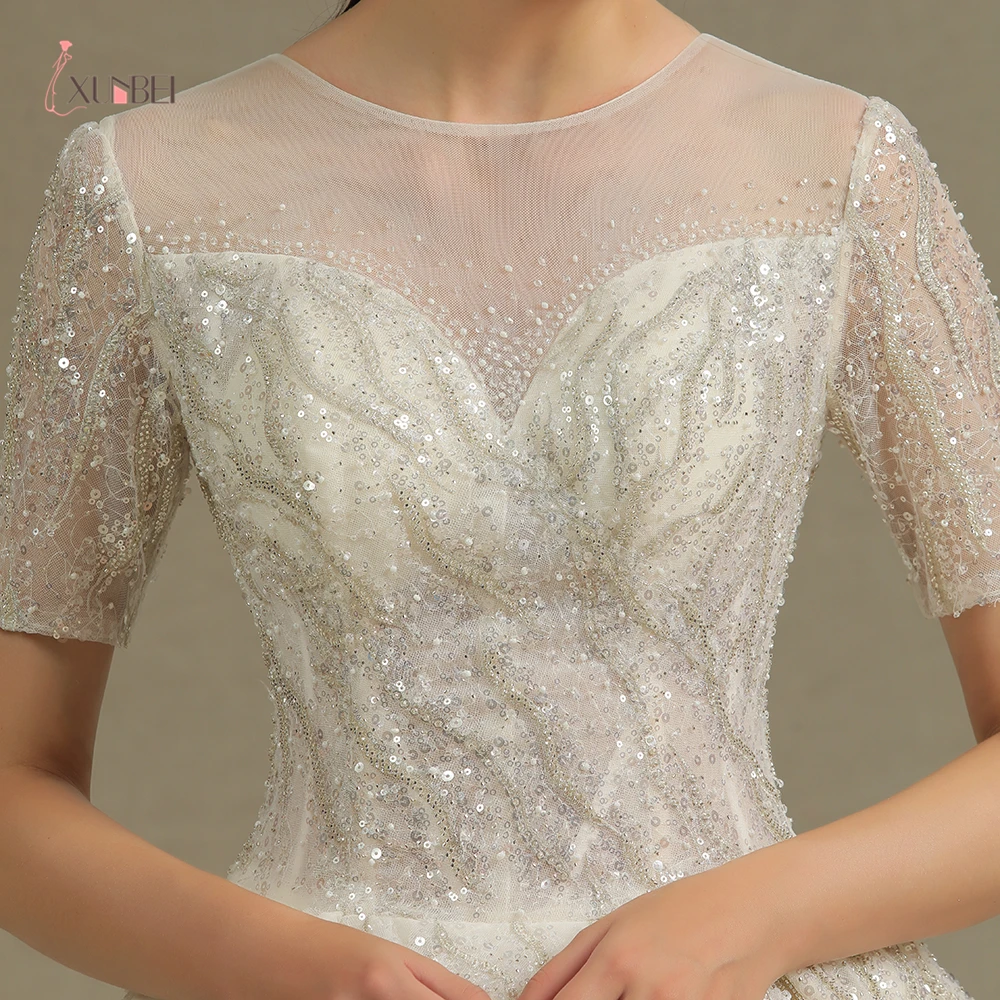 2021 New Arrivals 100% Real A Line Wedding Dresses O Neck Beading Sequins Short Sleeves Mariage Bride Dresses Custom Dresses