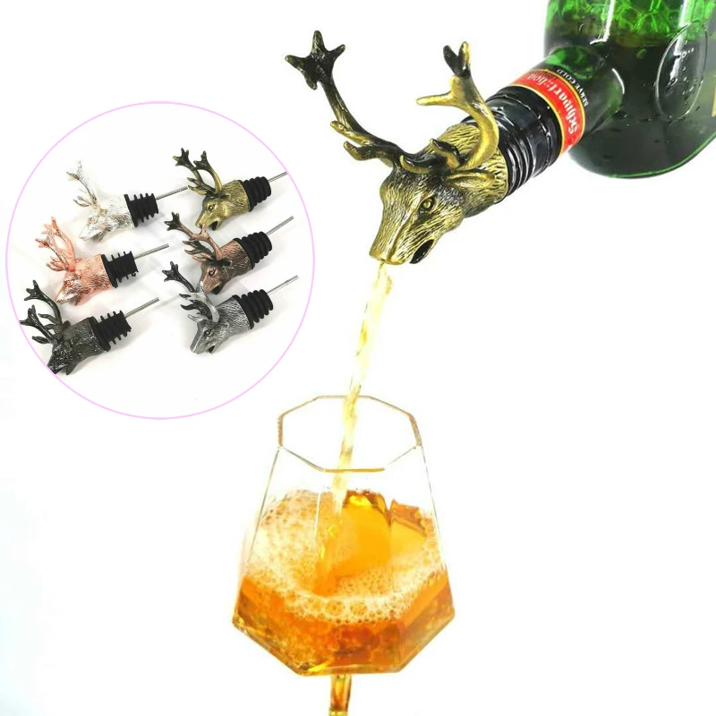 

New Style 6 Colors Wild Deer Head Pour Spouts Metal Zinc Alloy Wine Mouth Rose Pastoral Cork Bar Tools Artwork Wine Decoration