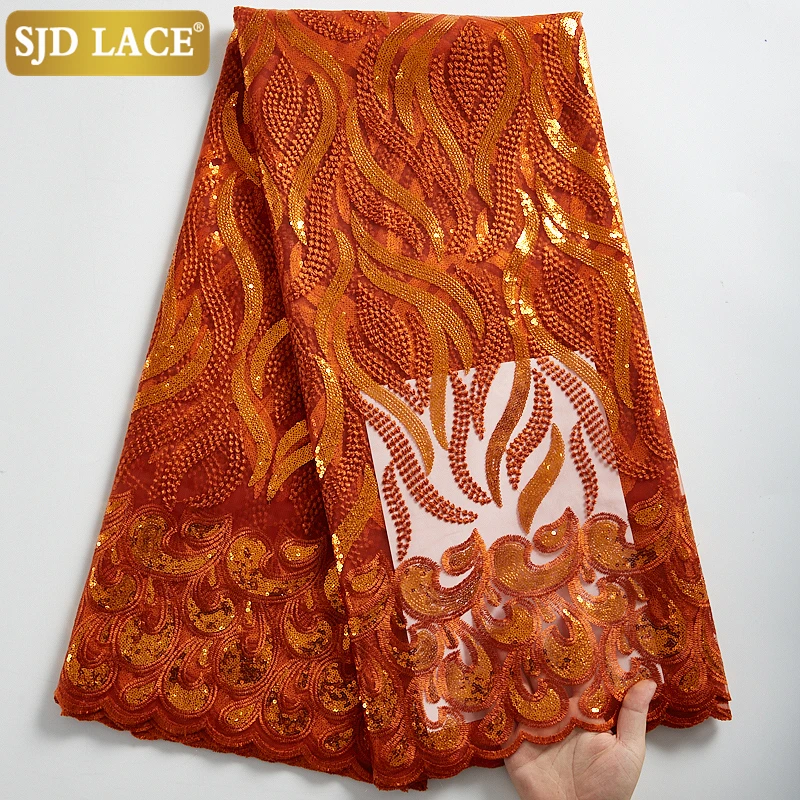 

SJD LACE New Caramel French Lace Fabric 5Yards African Net Lace Fabric Sew Dress With Sequins Mesh Design For Wedding PartyA2303
