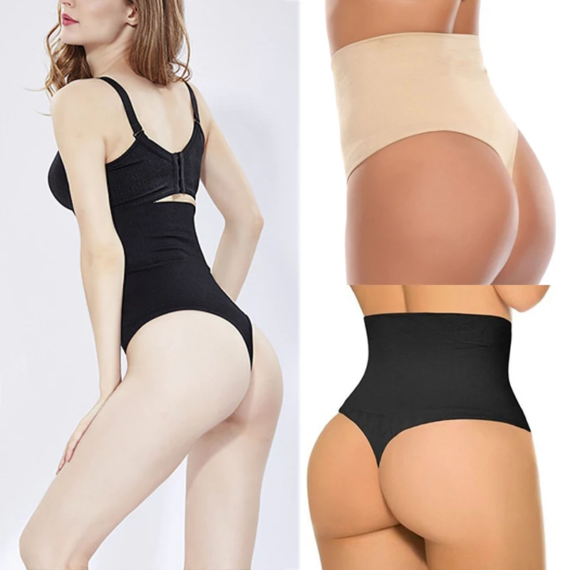 

Womens High Waist G-string Panties Sexy Slimming Underwear Lingerie Ladies Solid Color Black Skin Thong Panties Plus Size S-3XL