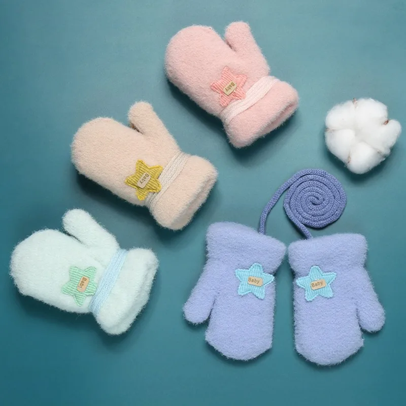 

0-2Y Soft Plus Velvet Baby Boys Girls Gloves Newborn Mittens Outdoor Warm Rope Full Finger Kids Gloves Children Thick Fleece