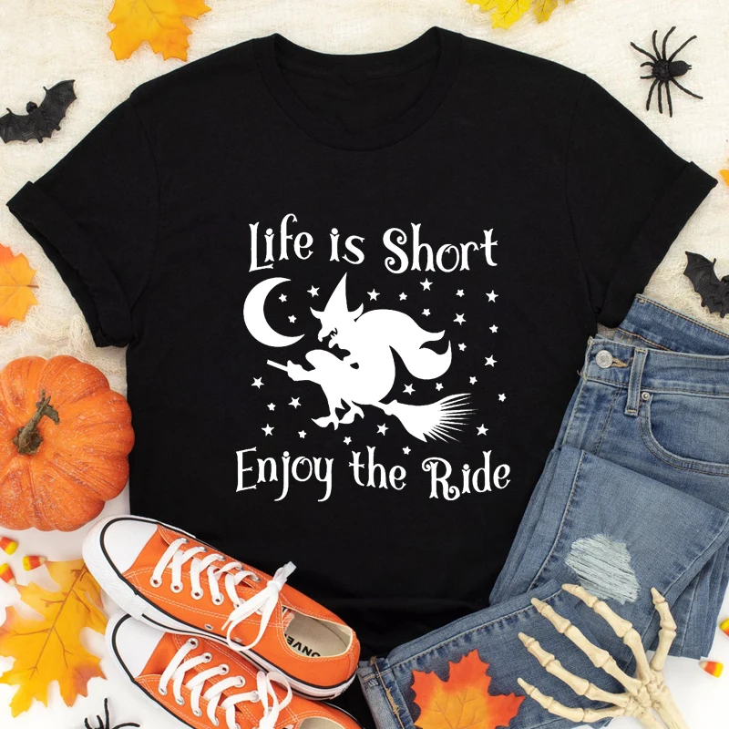 

Футболка Life Is Short с надписью «Enjoy The Ride», забавная женская футболка в подарок на Хэллоуин, винтажная Базовая футболка с ведьмой, Топ