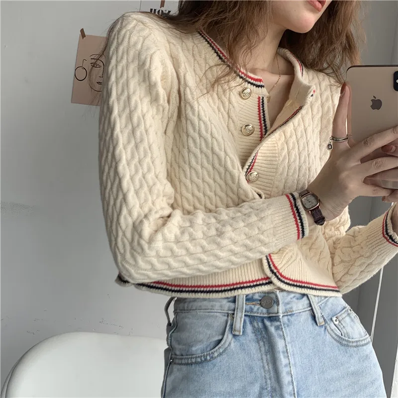 

Retro short knitted cardigan Female simple casual sweater cardigan jacket Women's knitted Sweater slim long-sleeved Women's top