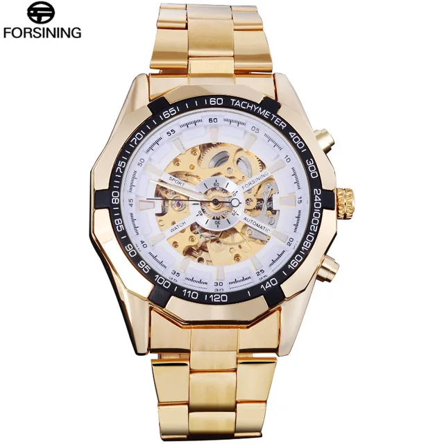 gold white FORSINING Брендовые мужские автоматические часы роскошные механические часы с скелетом мужские золотые часы из нержавеющей стали Relogios Masculino - Цвет: gold white