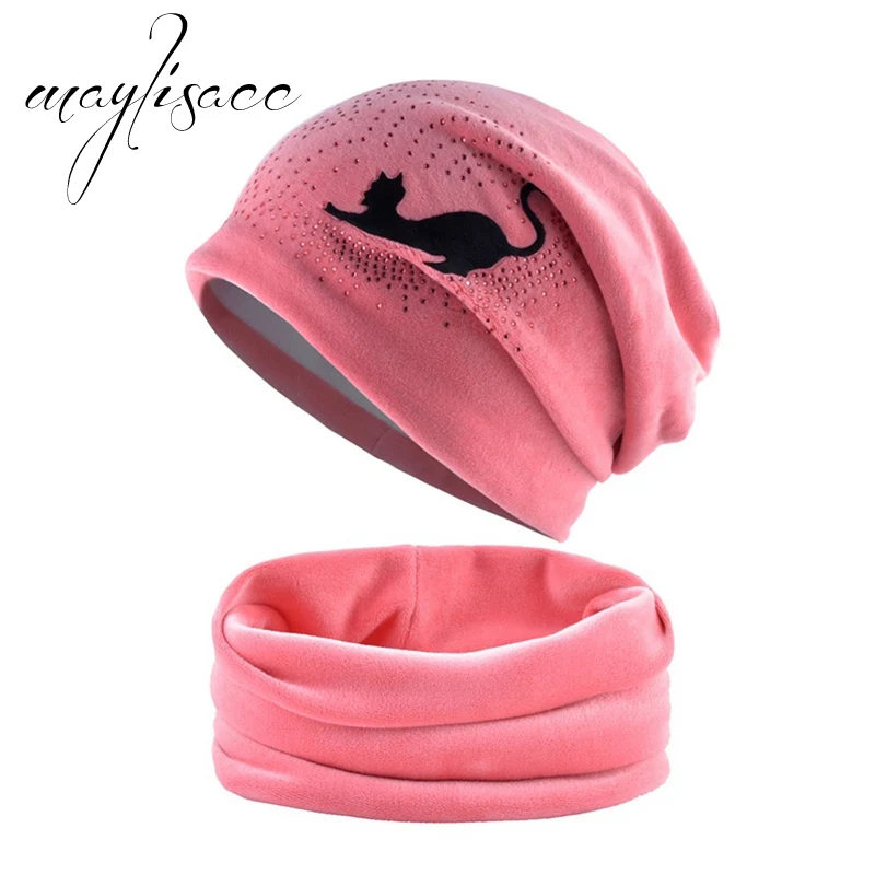 Pink Maylisacc, Женская осенне-зимняя теплая шапка с шарфом и кольцом, милые шапочки с котом, шапки в стиле хип-хоп, женские шарфы с шапкой - Цвет: Pink