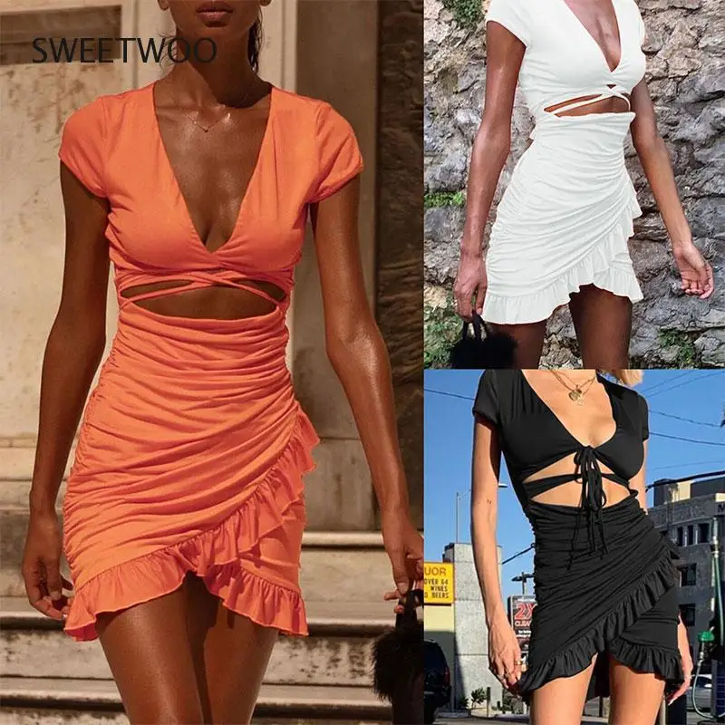 

Женское платье с глубоким V-образным вырезом, пикантное винтажное облегающее короткое платье на бретелях, однотонное ажурное вечернее плат...