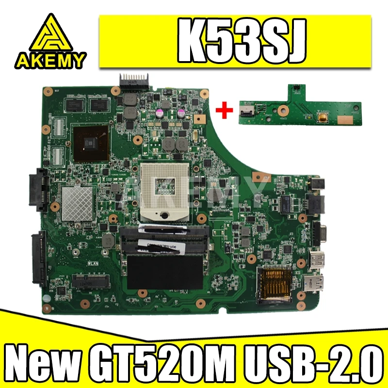 

Akemy Новая материнская плата для ASUS K53SC X53S K53SV K53SM K53SJ P53Sj Материнская плата ноутбука HM65 GT520M-GPU USB-2.0