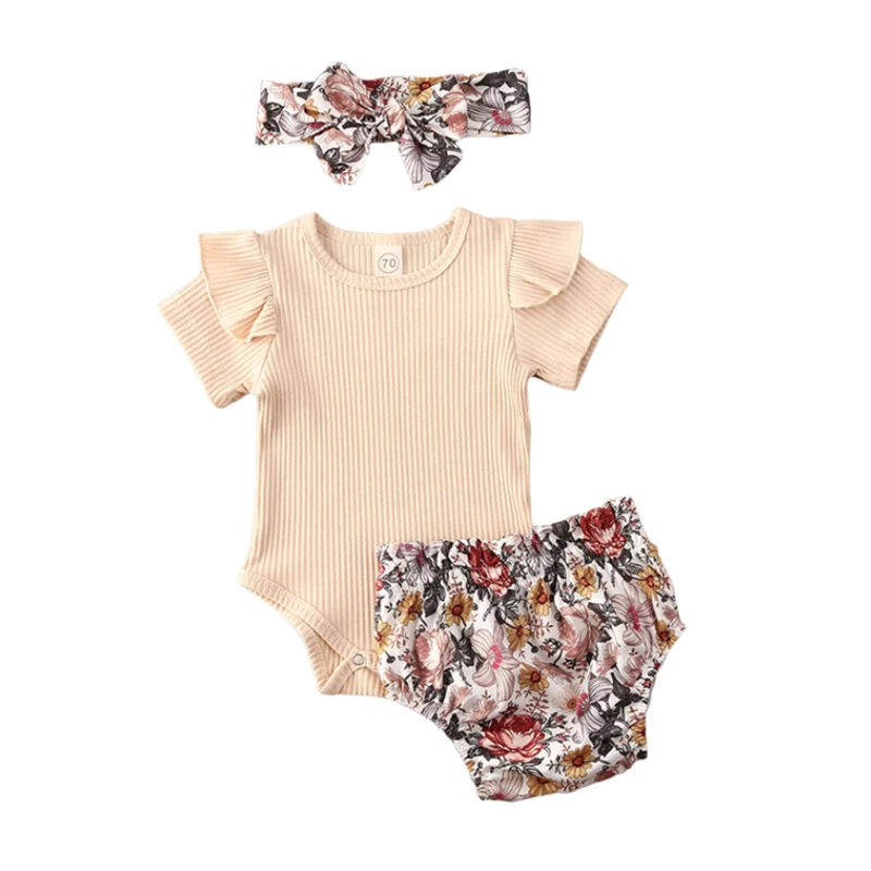 

Комплекты одежды для новорожденных девочек 0-24 месяцев, однотонный комбинезон с оборками на рукавах + шорты с цветочным принтом + повязка на ...