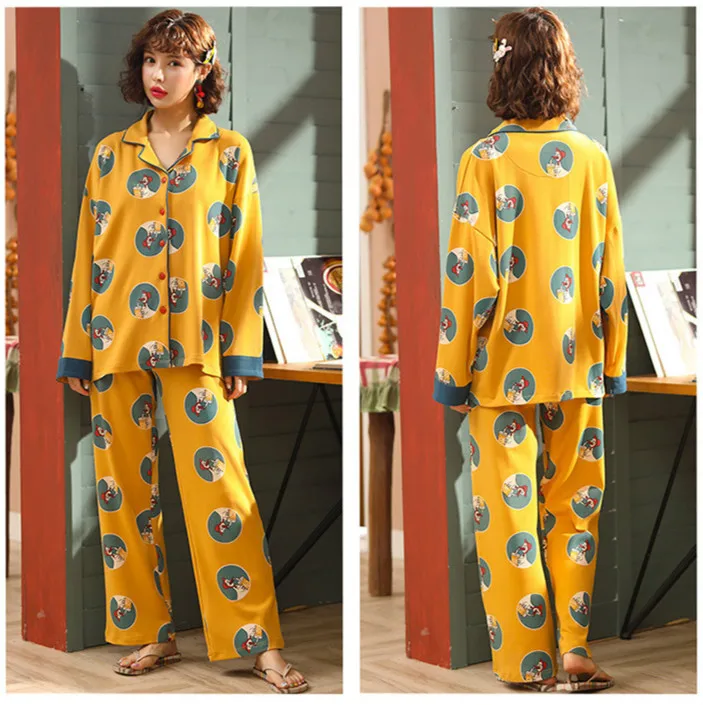 

2019 Autumn And Winter Fashion Women Nightgown Casual Ladies sleep wear plus size M-3XL Long Sleeve Cartoon trousers Pajama Sets