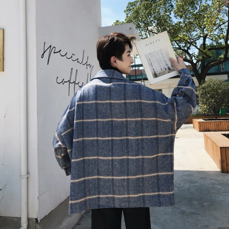 

Men Blends Plaid Single Breasted Long Sleeve Turn-down Collar Retro Sanding Vintage Fall Winter New Male Overcoats All-match Bf