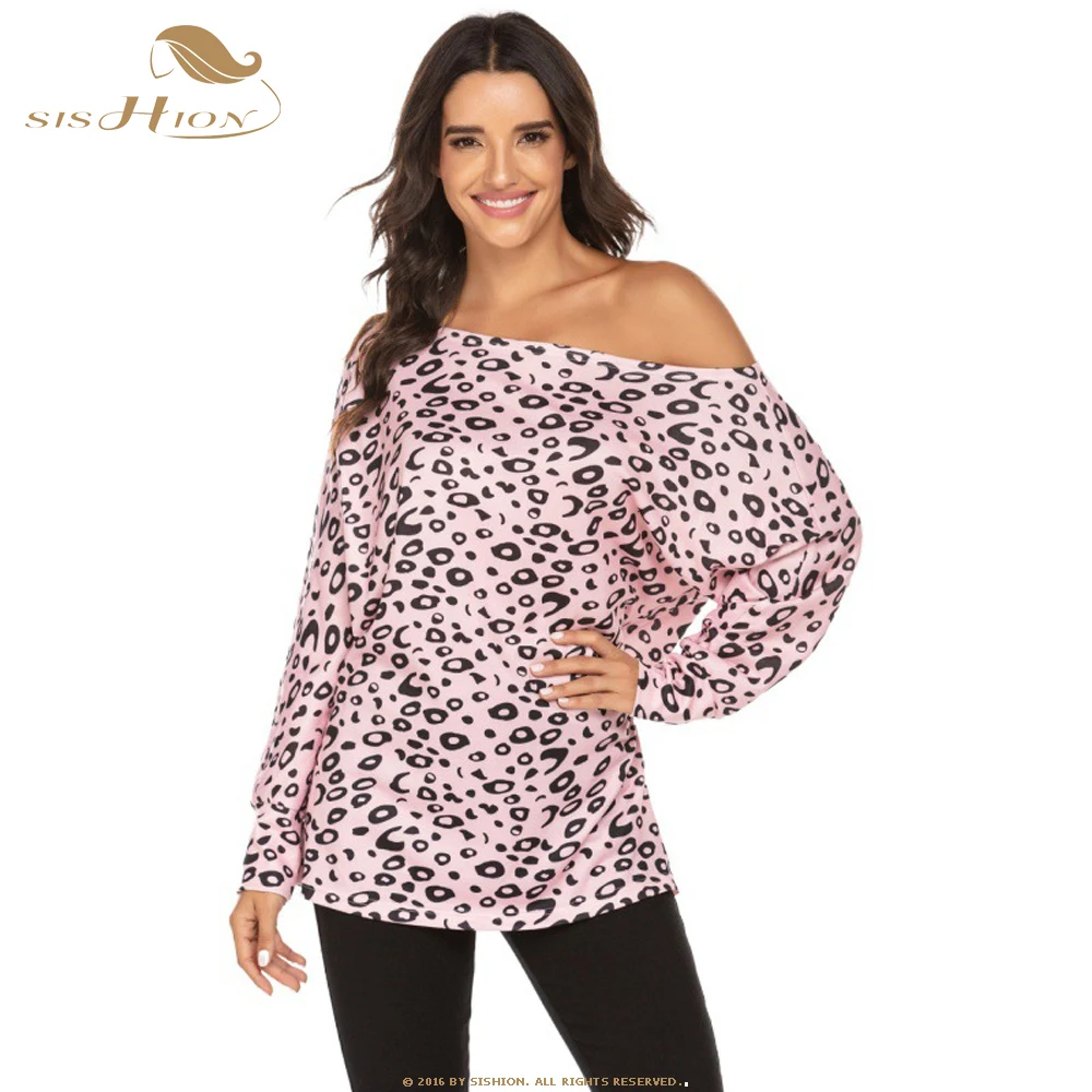 

SISHION Fashion Women Plus Size Loose Long Sleeve Print T-Shirt Off the Shoulder Tops Casual Solid T Shirt QY0780