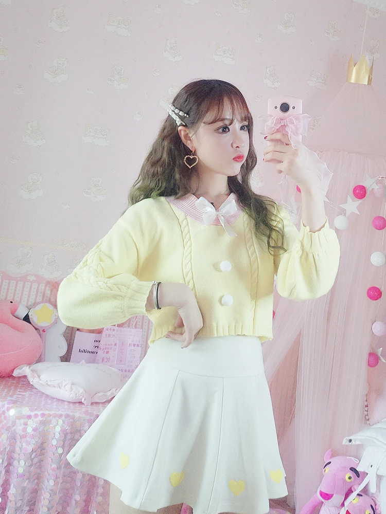 

Korean Style White Knitted Sweater Women Sweet V Neck with Bow Vintage Pullover Long Sleeve Knitwear Crop Top Pink Jumper