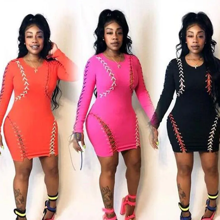 HAOOHU на шнуровке вырез сексуальное платье для женщин с длинным рукавом