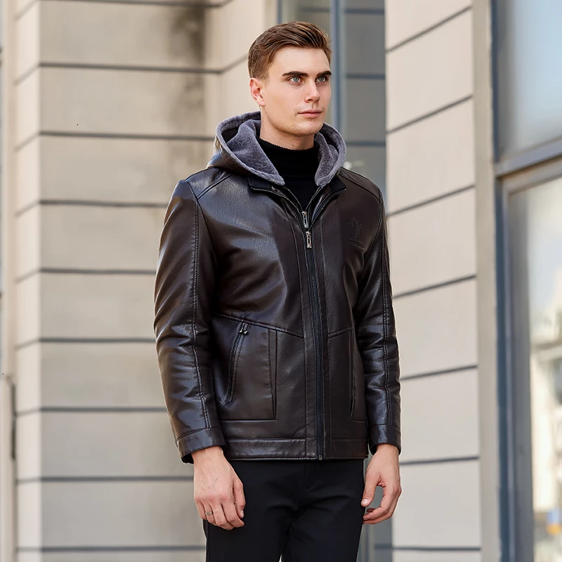 4XL, XXXL, XXL, новинка, мужская куртка из овчины, натуральная кожа, мужская куртка, парка, высокое качество, воротник из меха енота, с капюшоном, кожаная куртка - Цвет: Brown